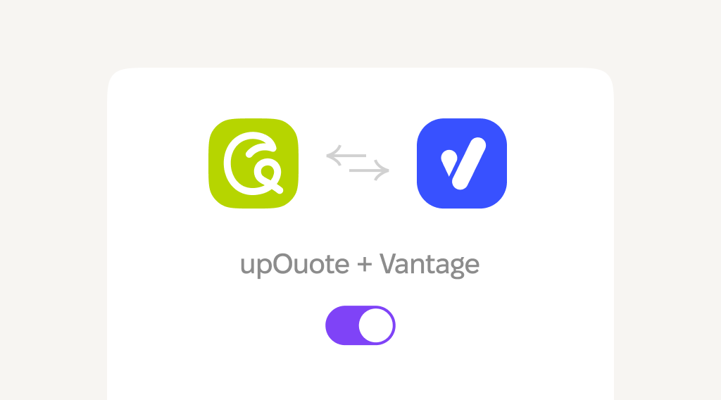 Integrations visual showing two icons with arrows, labeled "upOuote + Vantage," and a toggle switch below.