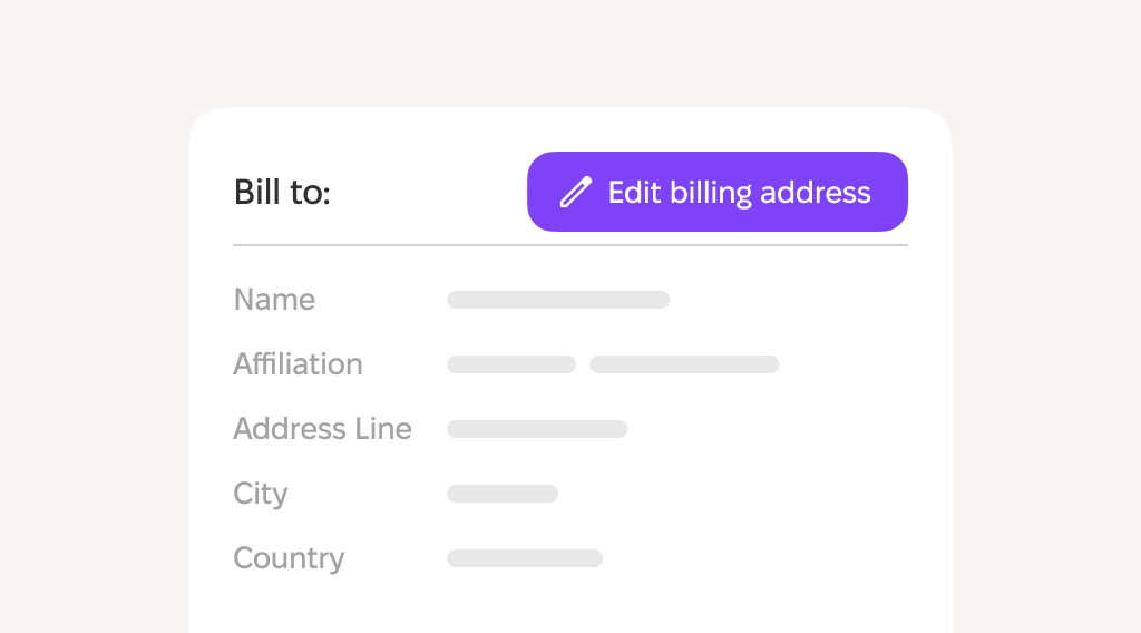 Form section for billing details with fields for name, affiliation, address, city, and country. A purple button labeled "Edit billing address" is on the top right.