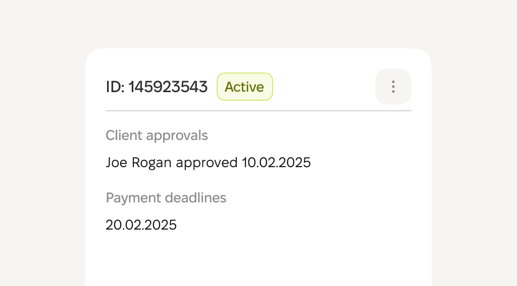 A detail of a user interface showing ID 145923543, status Active. Client approvals: Joe Rogan approved 10.02.2025.