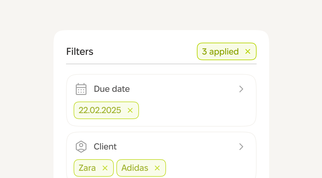 Interface showing filters applied: Due date set to 22.02.2025 and clients filtered as Zara and Adidas. Total of 3 filters applied.